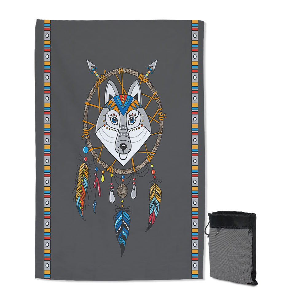Cute Native Wolf Dream Catcher Beach Towels for Kids