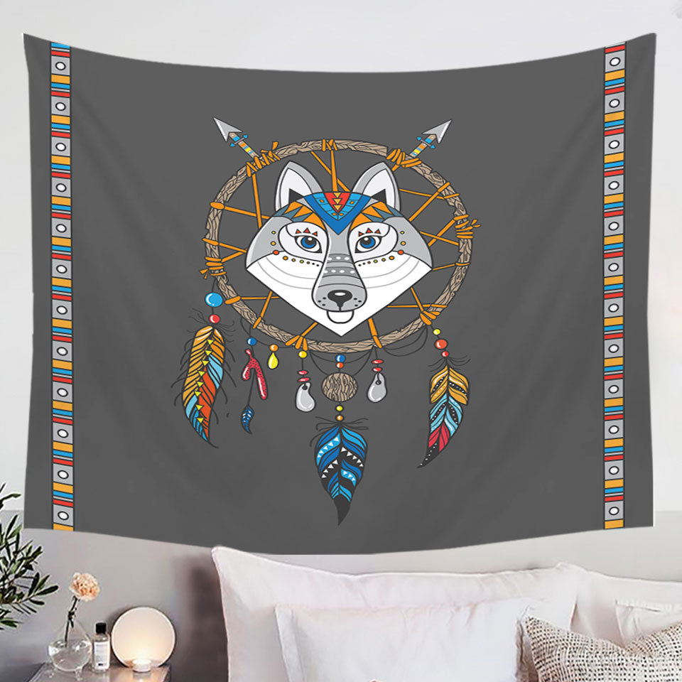 Cute Native Wolf Dream Catcher Wall Decor Tapestry for Kids
