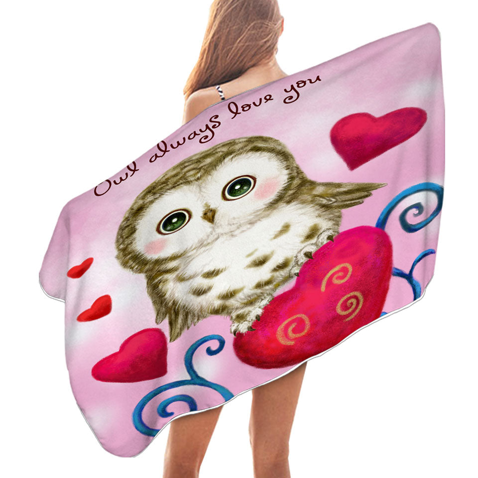 Cute Owl Always Love You Red Hearts Lightweight Beach Towel