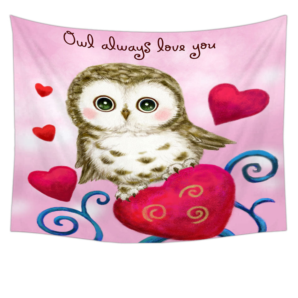 Cute Owl Always Love You Red Hearts Tapestry