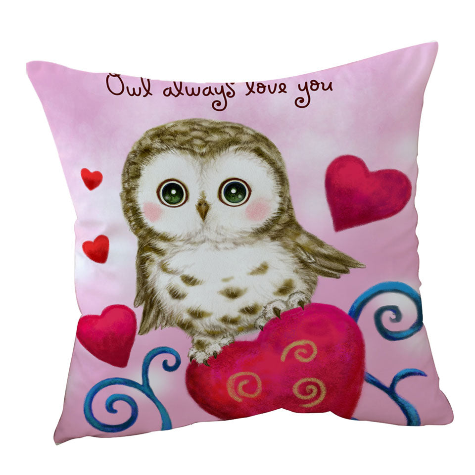 Cute Owl Always Love You Red Hearts Throw Pillows