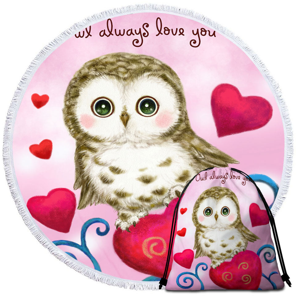 Cute Owl Always Love You Red Hearts Travel Beach Towel