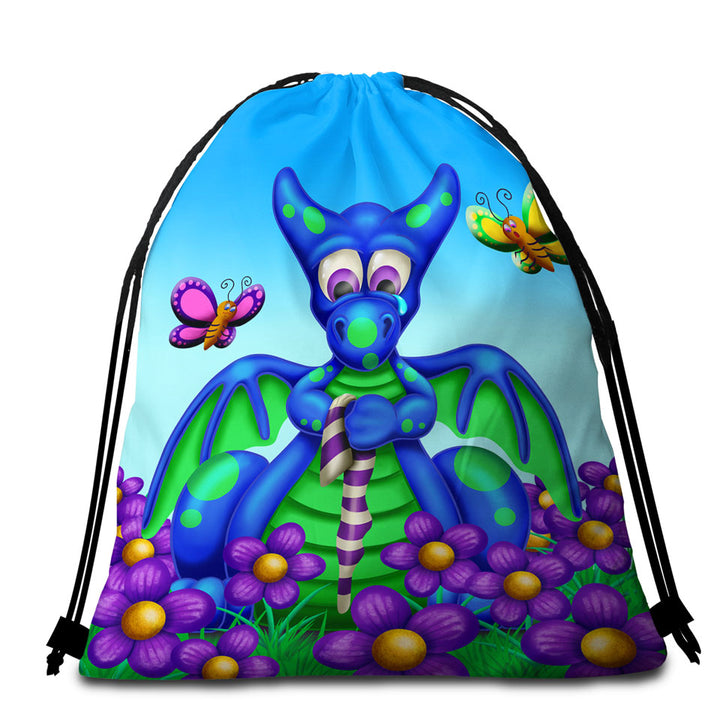 Cute Packable Beach Towel Blue Dragon with Purple Flowers Kids