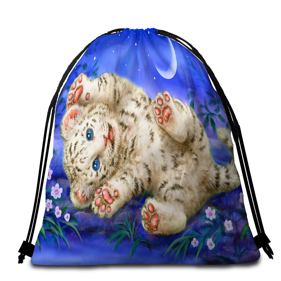 Cute Painting Beach Towels and Bags Set for Kids Baby White Tiger