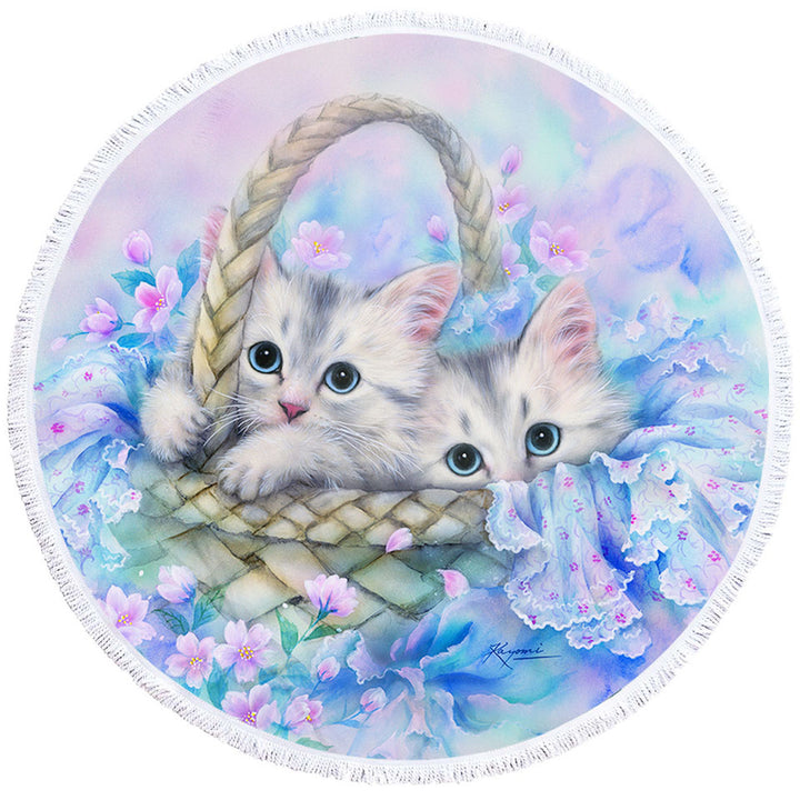 Cute Painting Beach Towels for Kids Two Kittens in Flower Basket