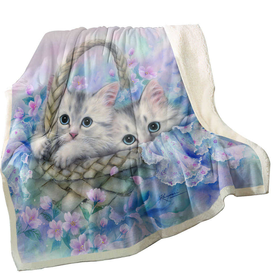 Cute Painting Blankets for Kids Two Kittens in Flower Basket