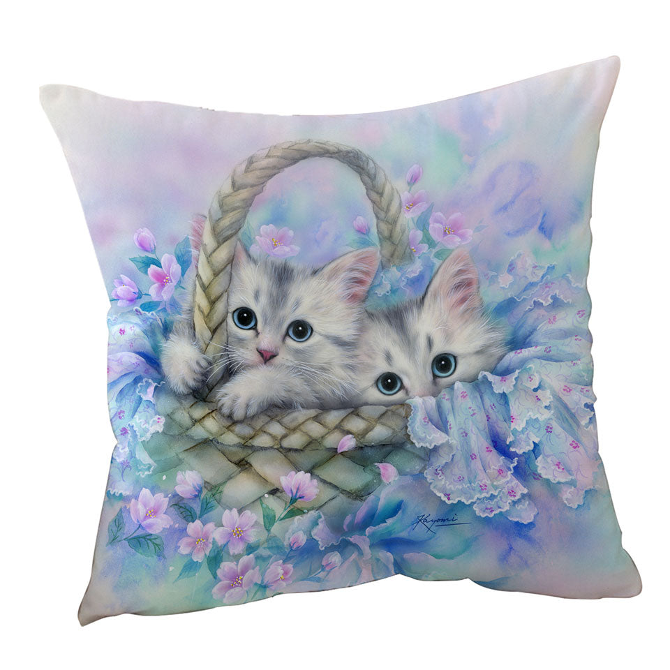Cute Painting Cushions and Throw Pillows for Kids Two Kittens in Flower Basket