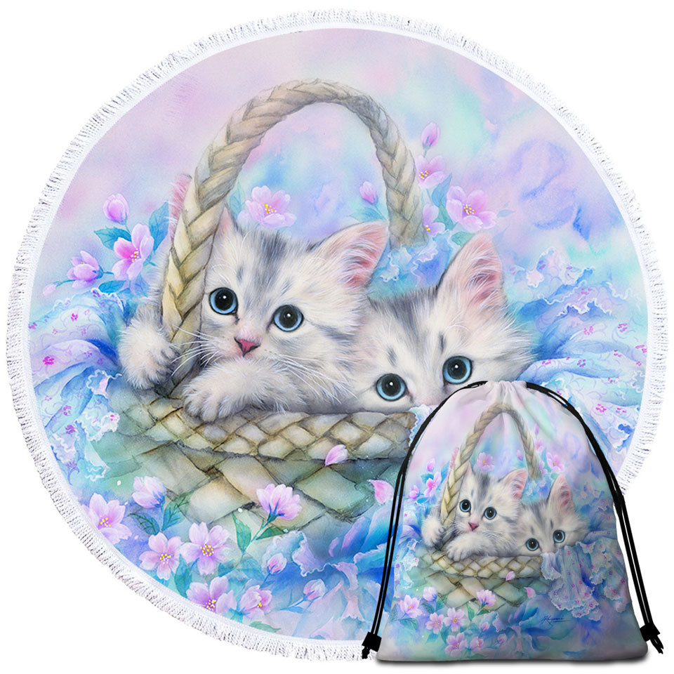 Cute Painting Round Beach Towel for Kids Two Kittens in Flower Basket