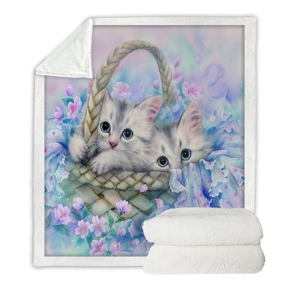 Cute Painting Throw Blanket for Kids Two Kittens in Flower Basket