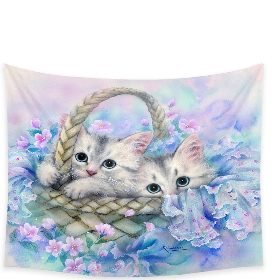 Cute Painting Wall Decor for Kids Two Kittens in Flower Basket