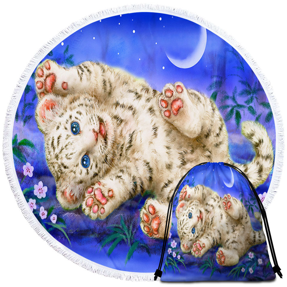 Cute Painting for Kids Baby White Tiger Round Beach Towel