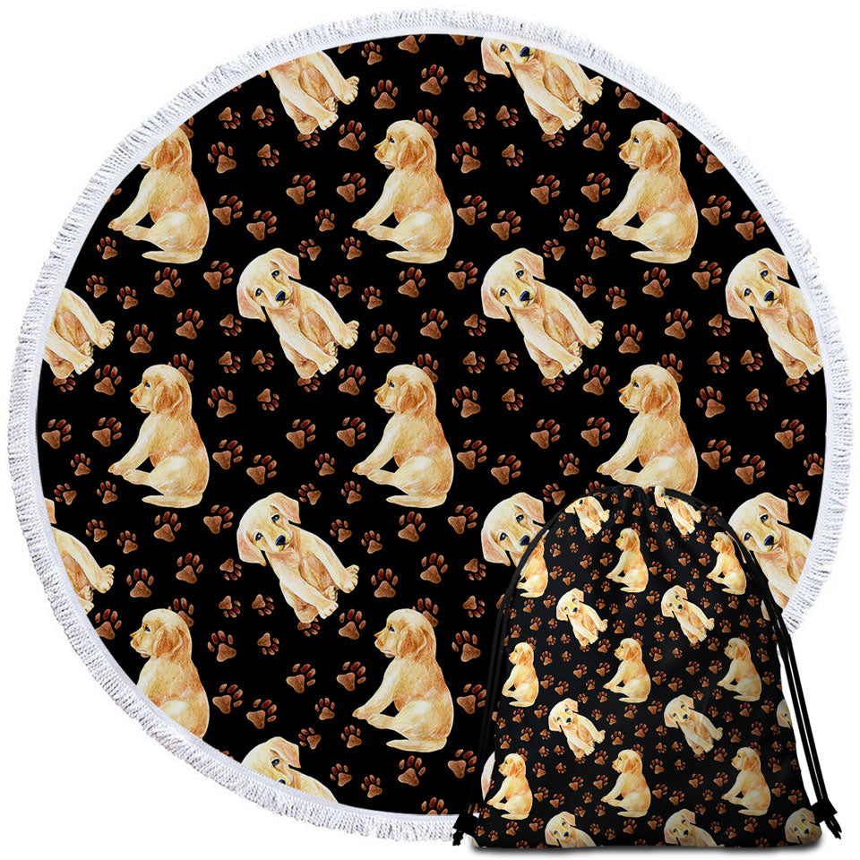Cute Pattern of Dog Paw and Labrador Puppy Circle Beach Towel