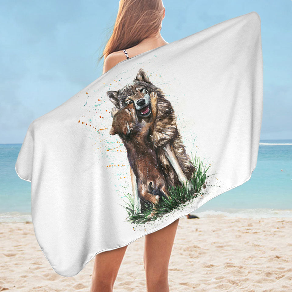 Cute Pool Towels Art Painting Momma Wolf and her Pup