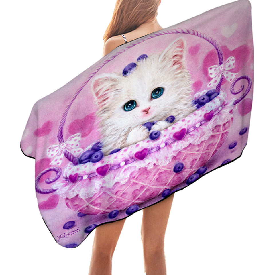 Cute Pool Towels Designs for Girls Kitten in Blueberry Basket
