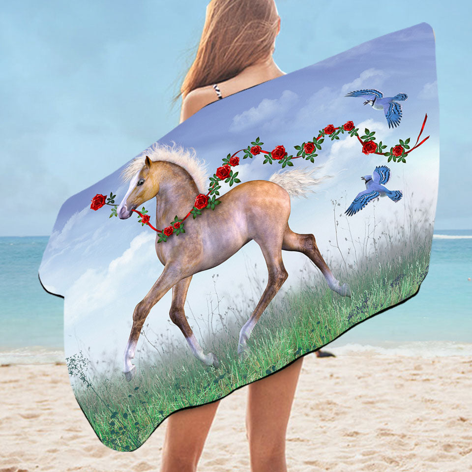 Cute Pool Towels Foal Horse with Roses and Birds