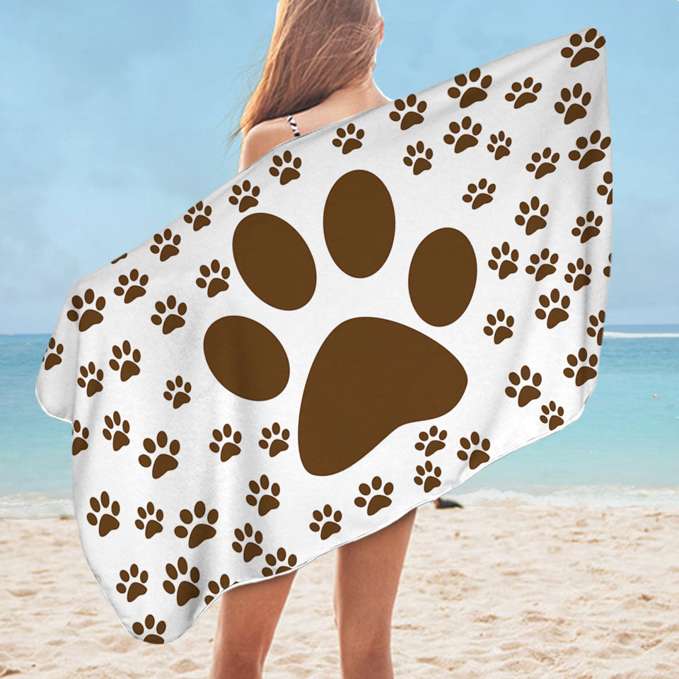 Cute Pool Towels with Brown Dog Paw and Little Paw Pattern