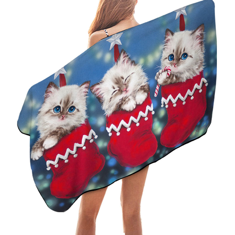 Cute Pool Towels with Christmas Design Trio Kittens in Red Socks