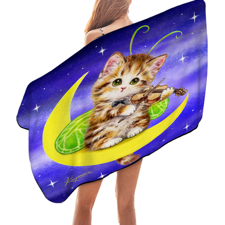 Cute Pool Towels with Fantasy Cats Art Violinist Tabby Kitten