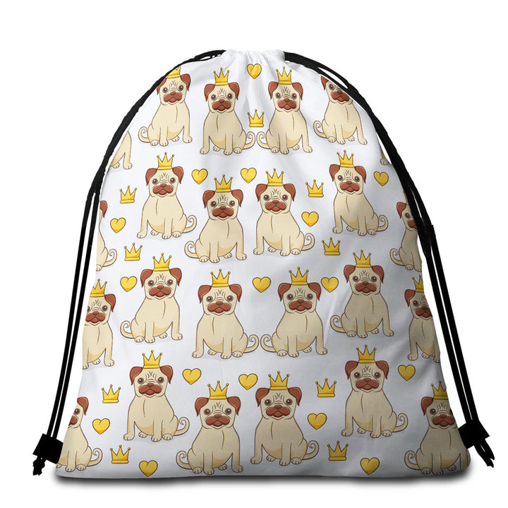 Cute Pug Beach Bags and Towels with Dog King and Heart Pattern