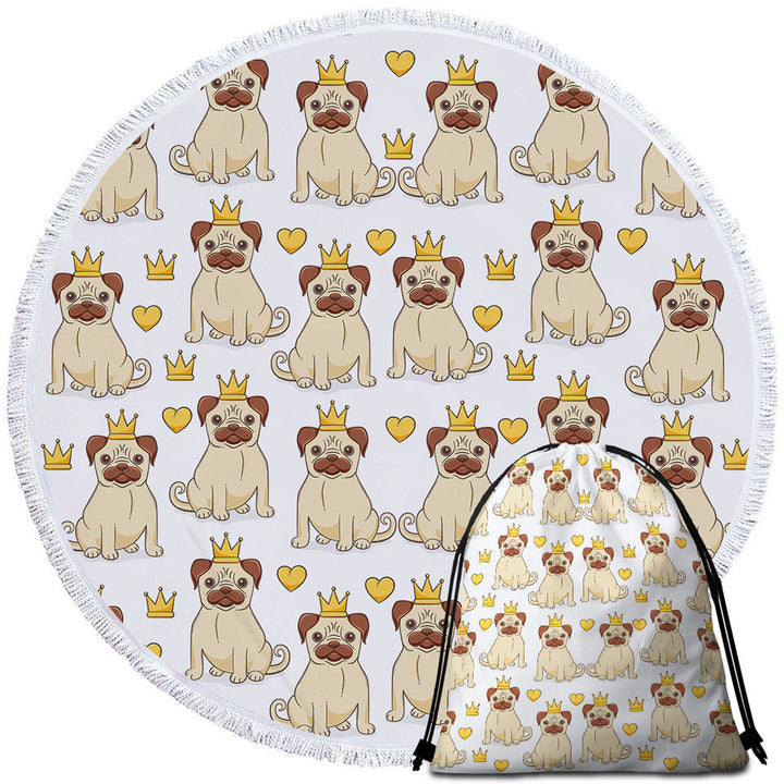 Cute Pug Circle Beach Towel with Dog King and Heart Pattern