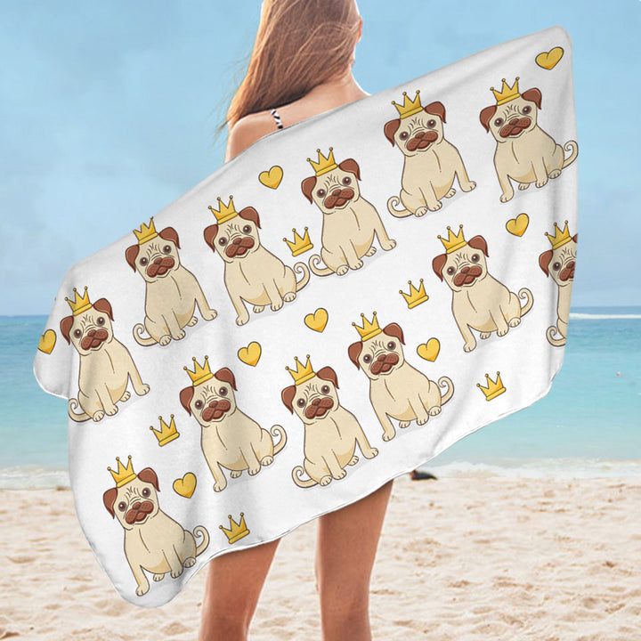 Cute Pug Pool Towels with Dog King and Heart Pattern