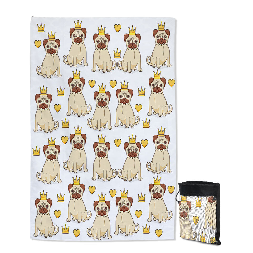 Cute Pug Quick Dry Beach Towel with Dog King and Heart Pattern