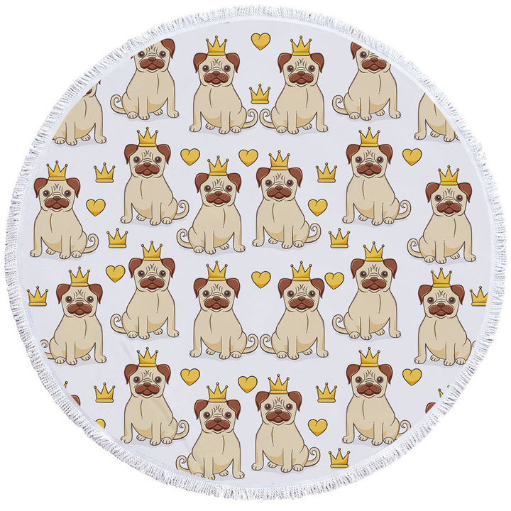 Cute Pug Round Beach Towel with Dog King and Heart Pattern