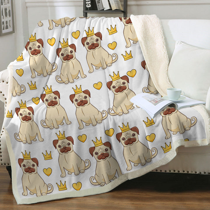 Cute Pug Sherpa Blanket with Dog King and Heart Pattern