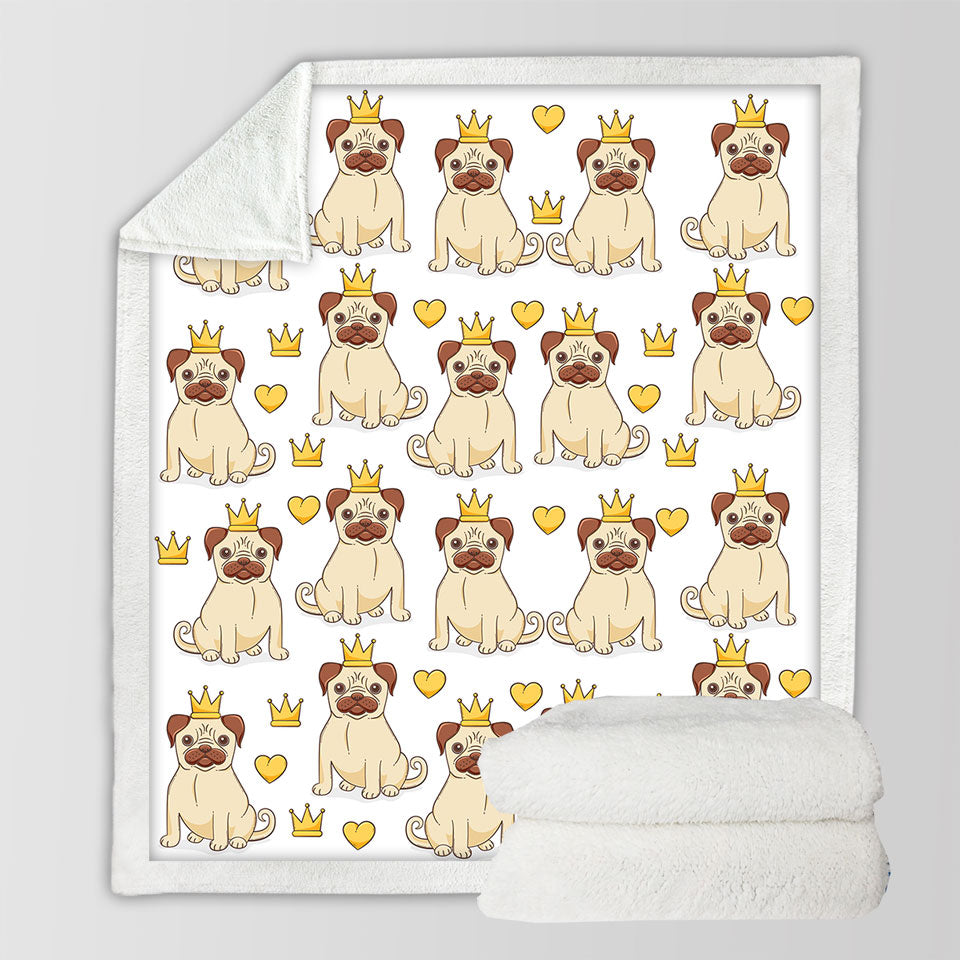 Cute Pug Throw Blanket with Dog King and Heart Pattern