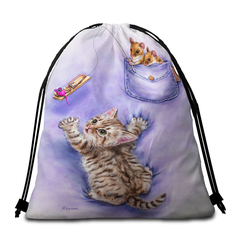 Cute Purple Beach Towel Bags Art Tabby Kitten and Mice