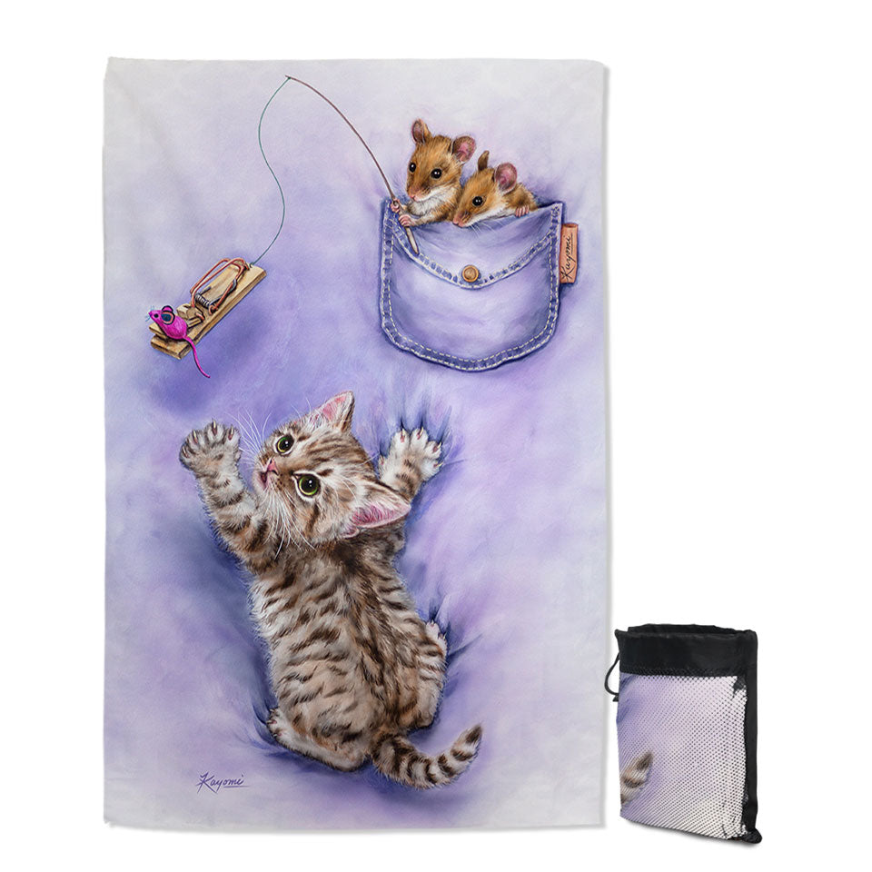 Cute Purple Beach Towels Art Tabby Kitten and Mice