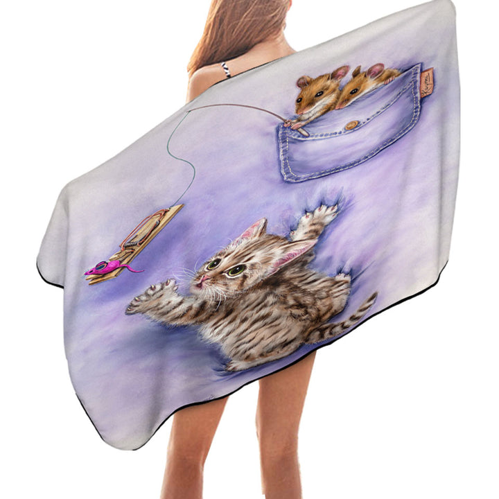 Cute Purple Microfiber Beach Towel Art Tabby Kitten and Mice