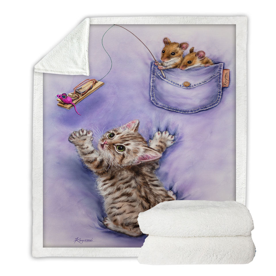 Cute Purple Sofa Blankets Art Tabby Kitten and Mice