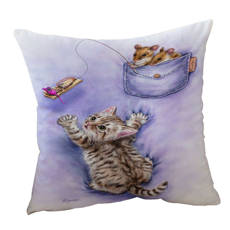Cute Purple Throw Pillows Art Tabby Kitten and Mice