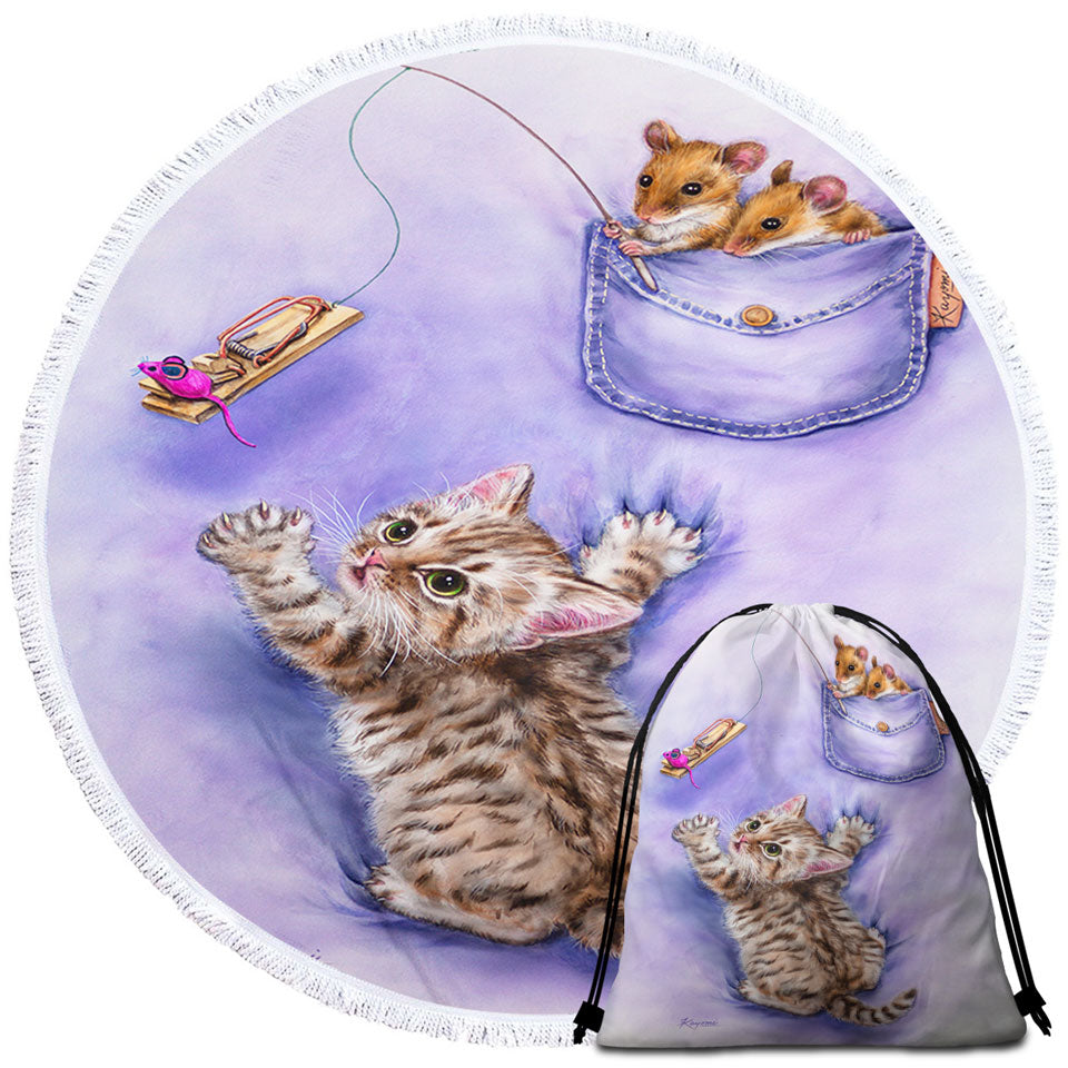 Cute Purple Travel Beach Towel Art Tabby Kitten and Mice