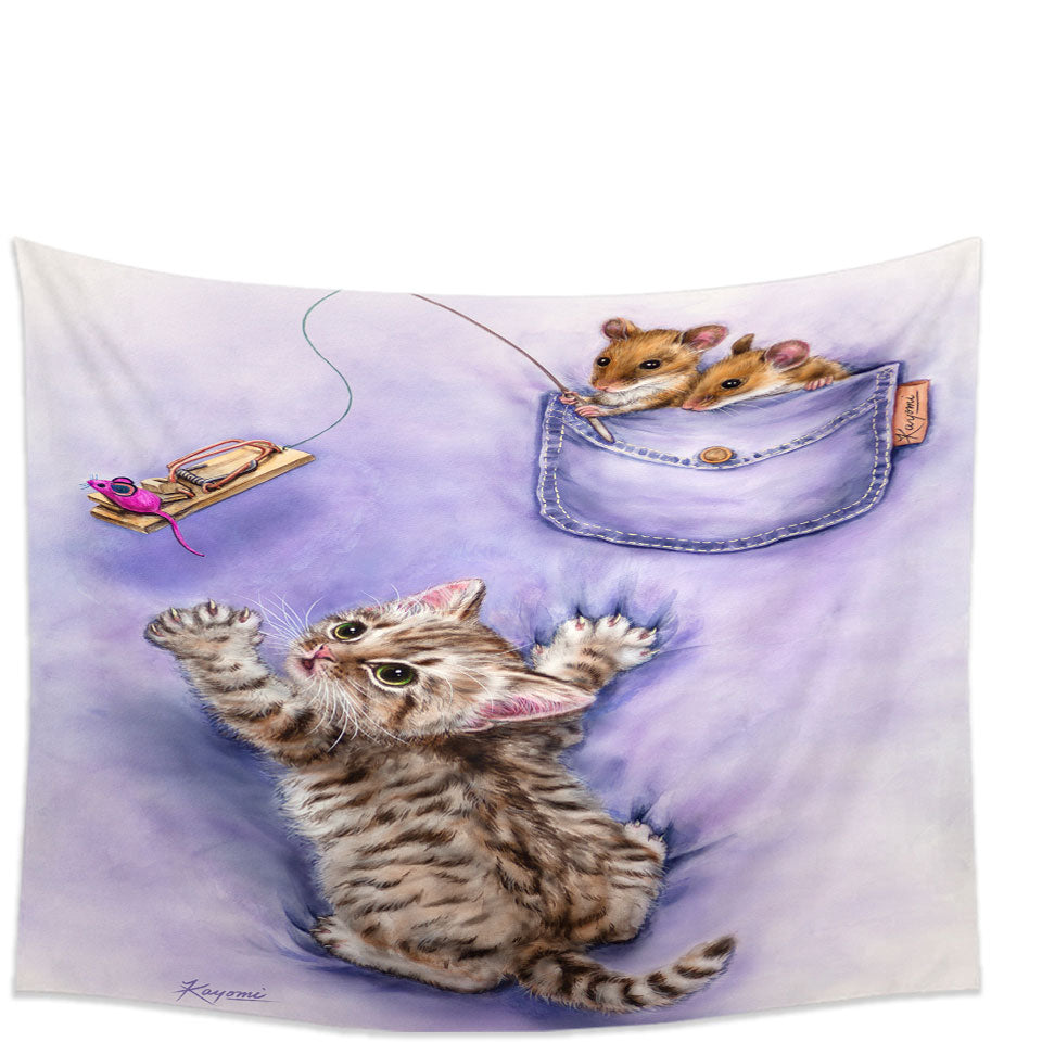 Cute Purple Wall Decor Art Tabby Kitten and Mice Tapestry