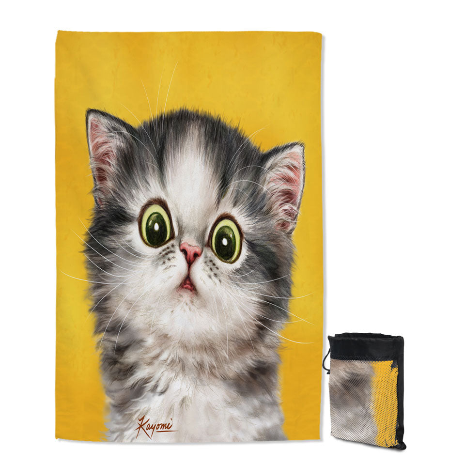Cute Quick Dry Beach Towel Confused Kitty Cat over Yellow