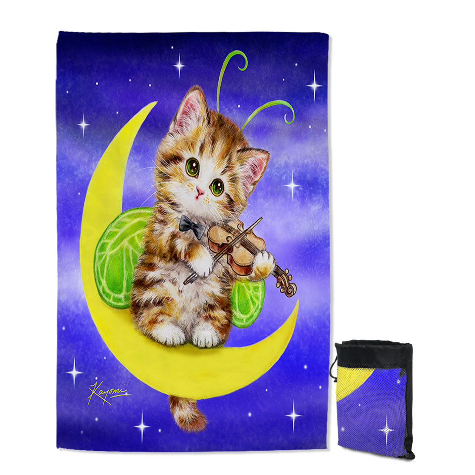 Cute Quick Dry Beach Towel Fantasy Cats Art Violinist Tabby Kitten