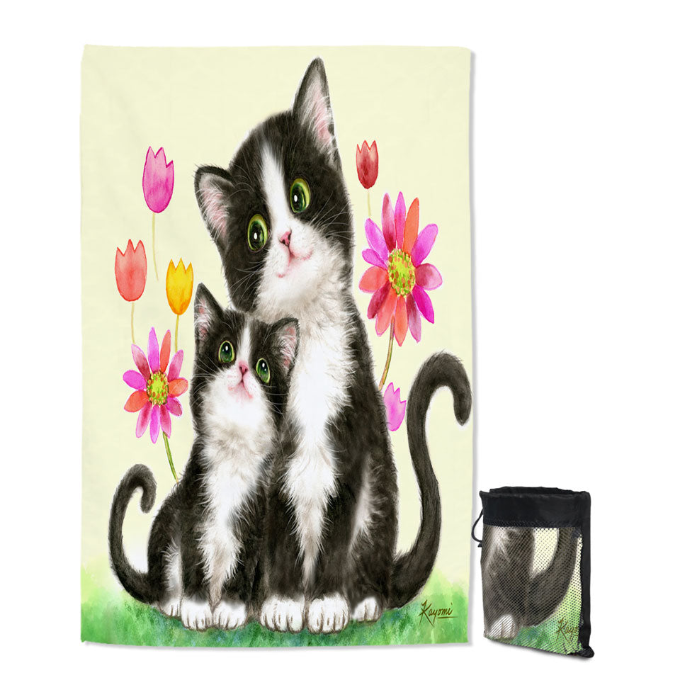 Cute Quick Dry Beach Towels Black and White Cats Mother and Daughter