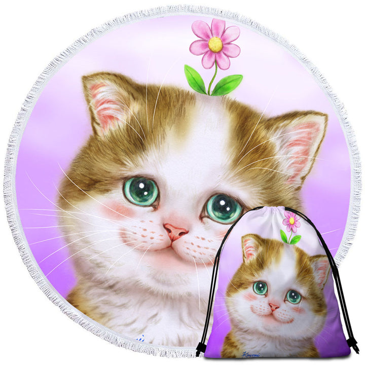 Cute Round Beach Towel Cats Prints Blushing Sweet Flower Kitten