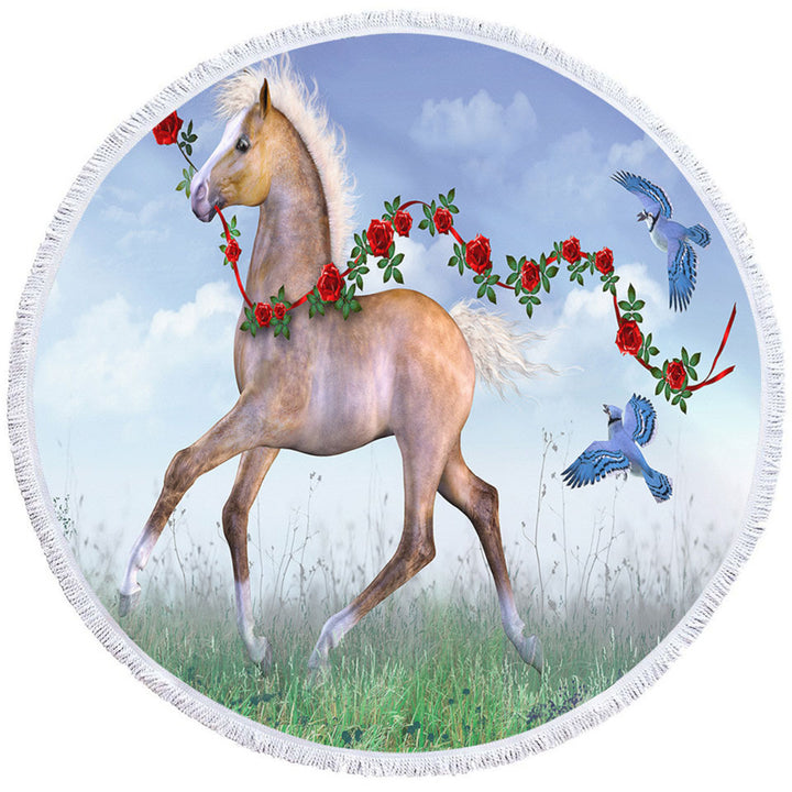 Cute Round Beach Towel Foal Horse with Roses and Birds