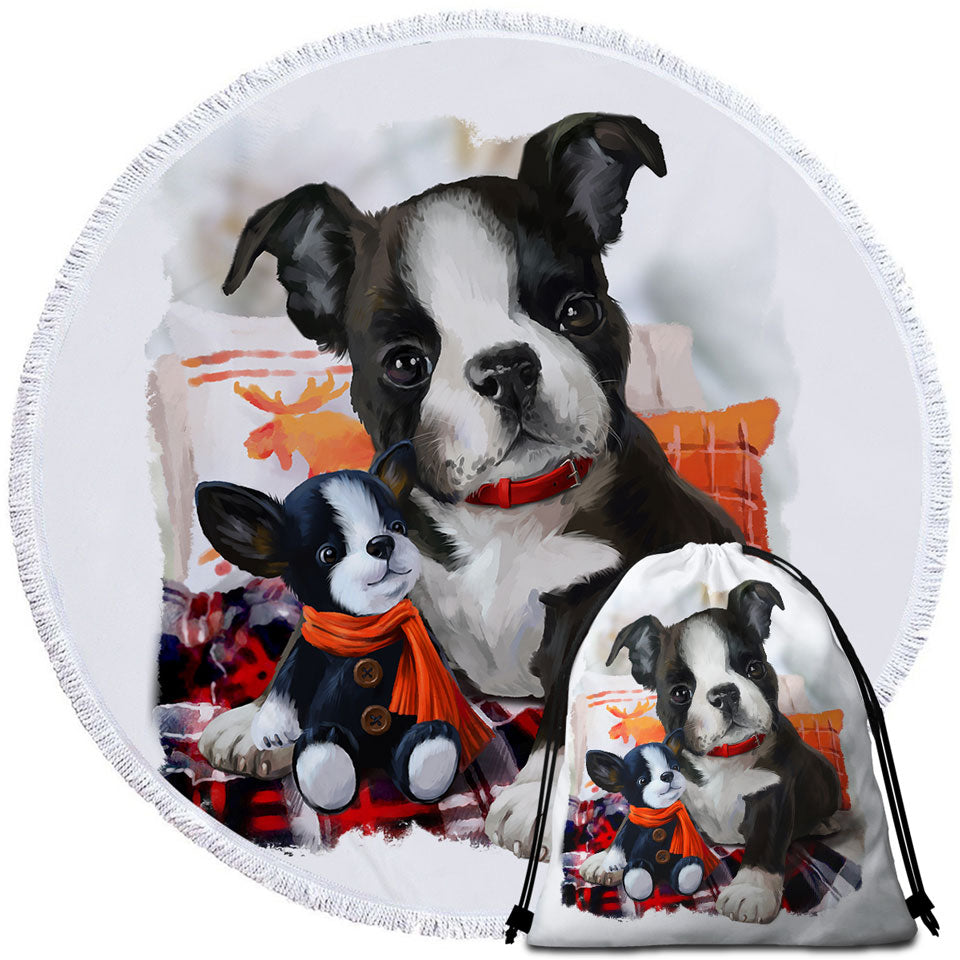 Cute Round Beach Towel of Art Painting Cozy Adorable Puppy Doll and Cute Dog