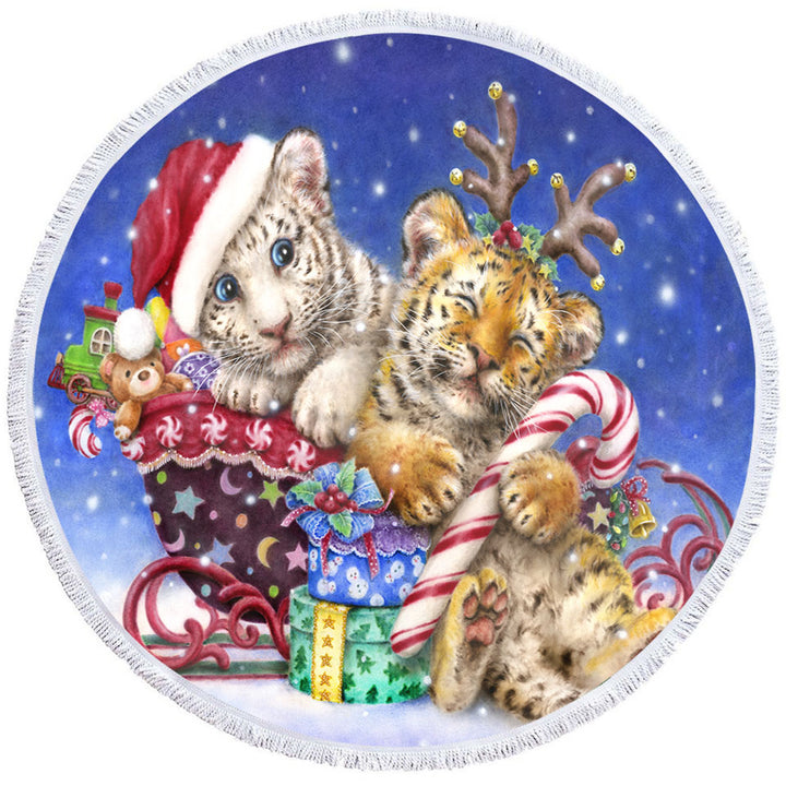 Cute Round Beach Towel of Christmas Baby Tigers with Presents Sleigh