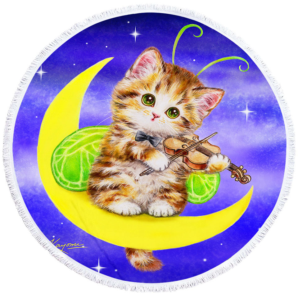 Cute Round Beach Towel of Fantasy Cats Art Violinist Tabby Kitten