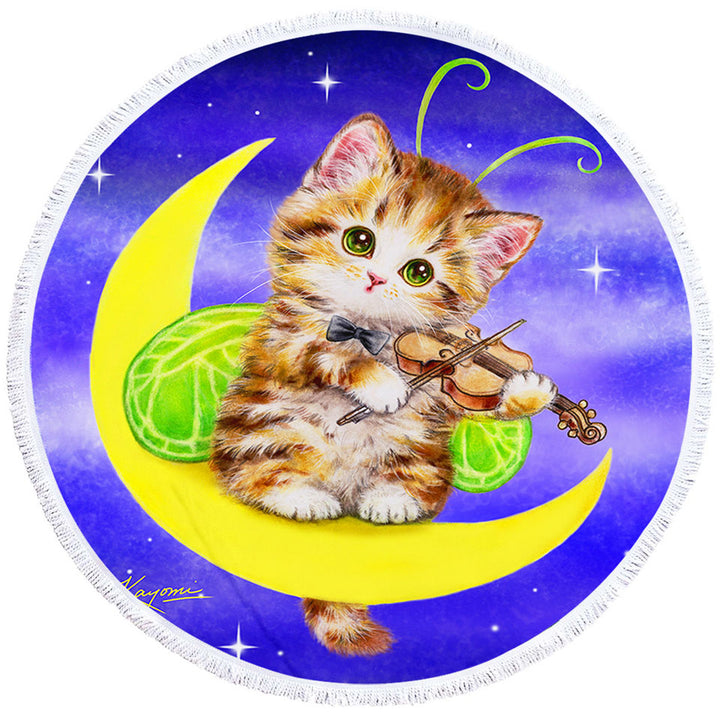 Cute Round Beach Towel of Fantasy Cats Art Violinist Tabby Kitten
