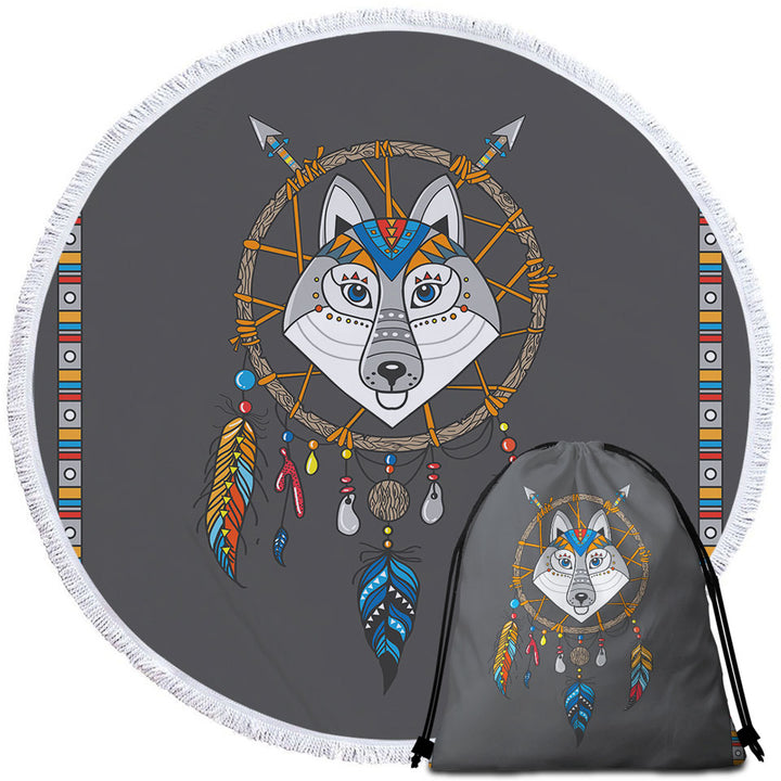 Cute Round Beach Towel with Native Wolf Dream Catcher for Kids