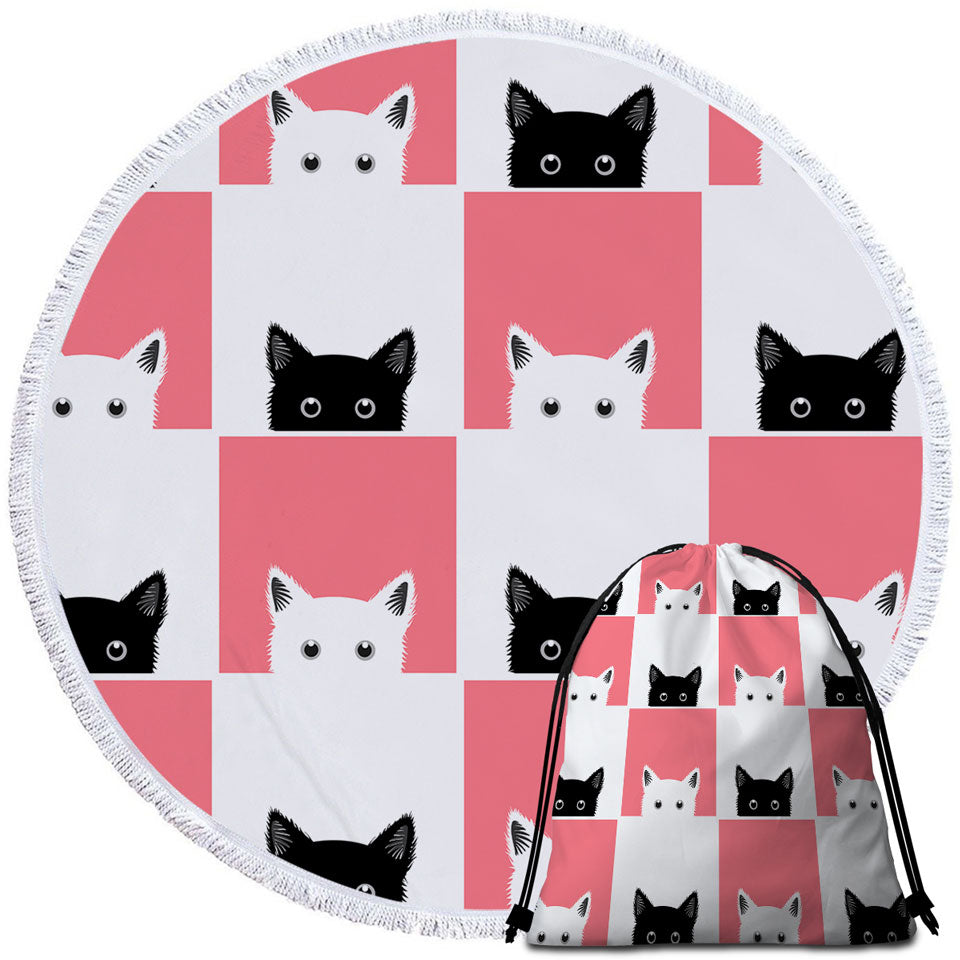 Cute Round Beach Towel with Pink White Panel and Black White Cats