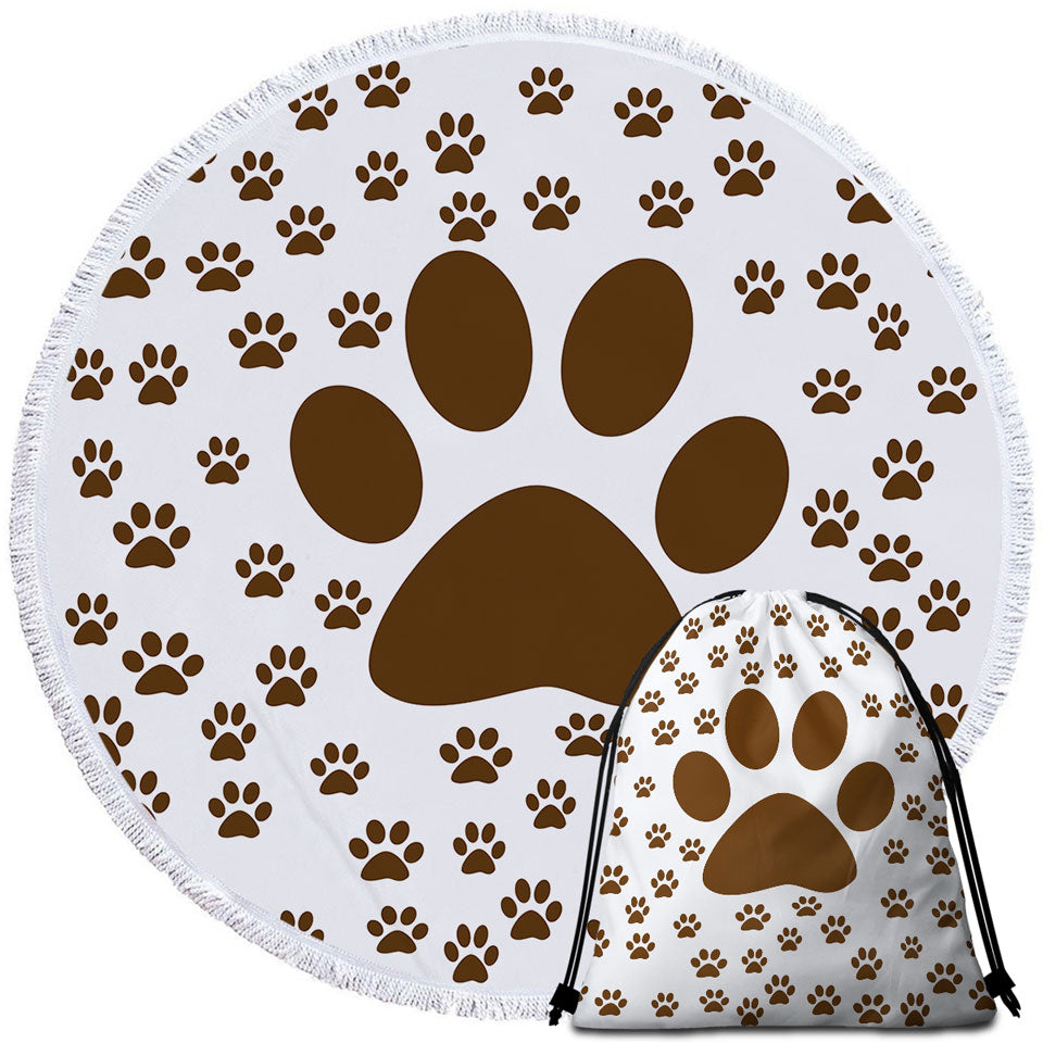 Cute Round Beach Towels with Brown Dog Paw and Little Paw Pattern