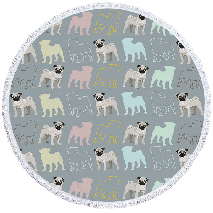 Cute Round Beach Towels with Pug and Pugs Multi Colored Silhouettes