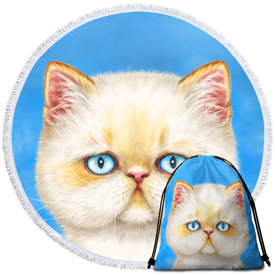 Cute Round Towels with White Ginger Serious Cat